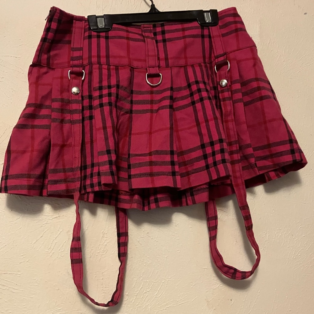 Vintage RARE Lip Service Hot Pink Plaid Pleated Bondage Mini Skirt Punk M